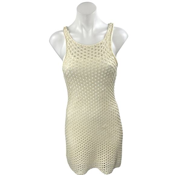 Mink Pink Cream Crochet Knit Sleeveless Sheer Mini Swim Cover Up Dress Size S - Picture 1 of 4